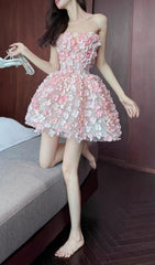 Sparkling Pink 3D Floral Strapless Mini Dress