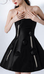 Glamorous Black Floral Fringe Strapless Mini Dress
