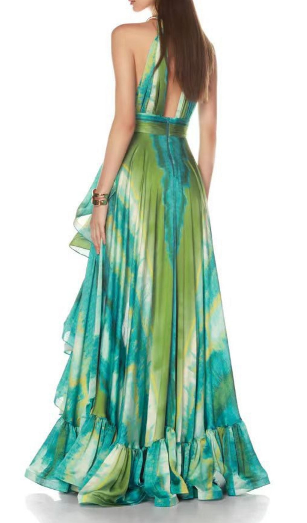 Farid Vibrant Tie-Dye Halter Maxi Dress with Ruffle High-Low Hem