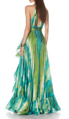 Farid Vibrant Tie-Dye Halter Maxi Dress with Ruffle High-Low Hem