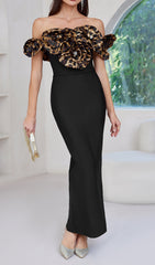 Dorona Elegant Black Leopard Floral Off-Shoulder Bandage Maxi Dress