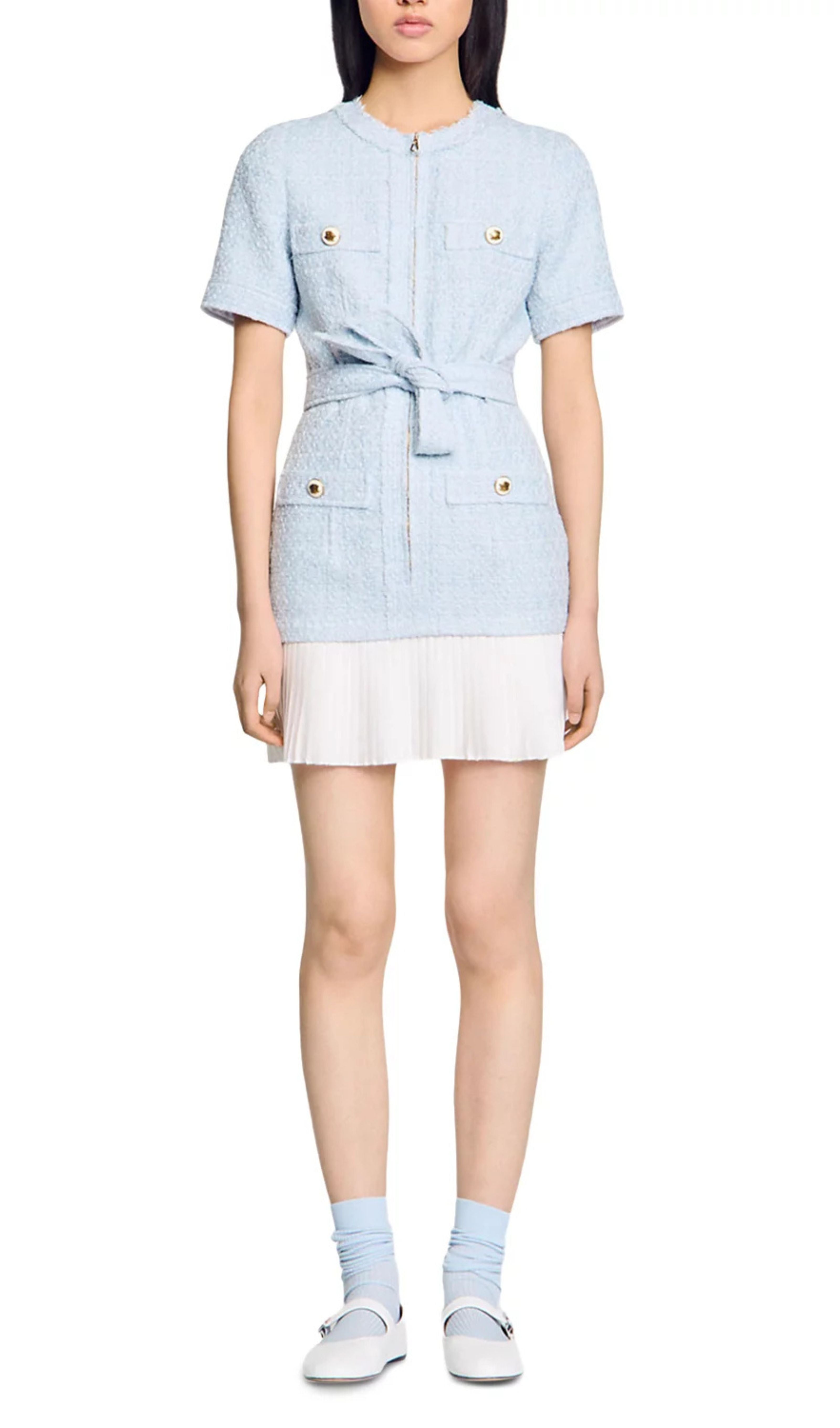 Chic Light Blue Tweed Mini Dress