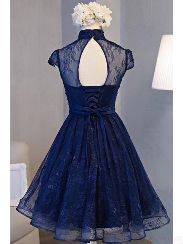 Cute Lace Short Cap Sleeves Homecoming Dress