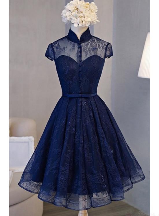Cute Lace Short Cap Sleeves Homecoming Dress