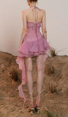 Devaki Pink Halter Ruffle Mini Dress