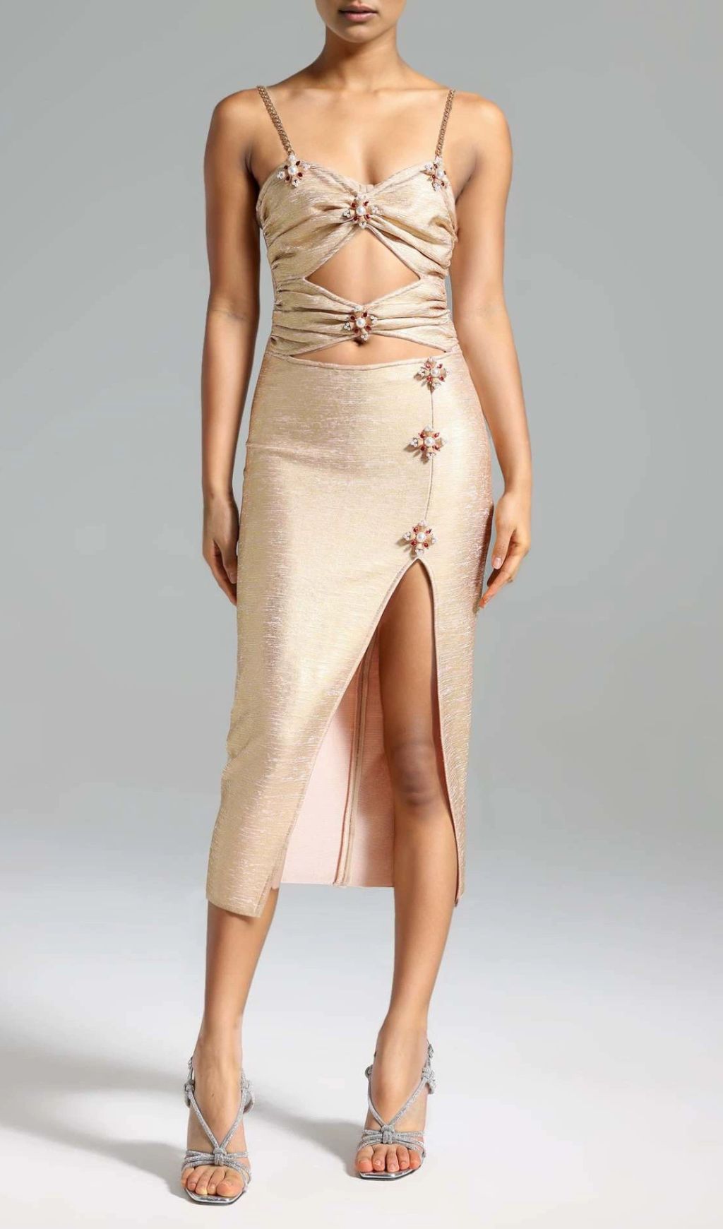 Ivie Gold Shimmer Cutout Embellished Midi Dress