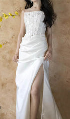 Caetana Glamour White Satin Strapless Corset Maxi Gown with Thigh-High Slit