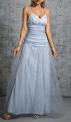 Doman Ethereal Dusty Blue Lace & Mesh Maxi Dress