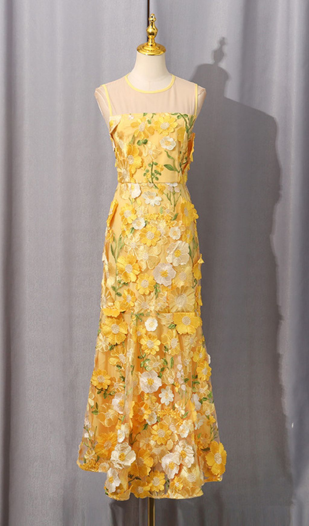 Hiraku Enchanted Yellow 3D Floral Embroidery Maxi Dress