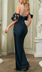 Aquene Dazzling Rhinestone Bow Maxi Gown with High Slit