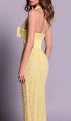 Jermaine Yellow Halter Bow Beaded Maxi Gown