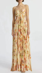 Elvan Floral Pleated Backless Maxi Dress with Chic Cutouts