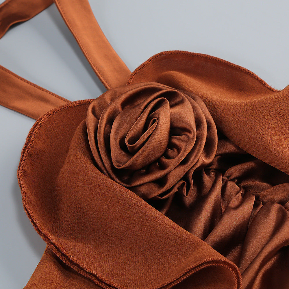 Jerom Opulent Brown Halter Ruched Mini Dress with Rosette Detail