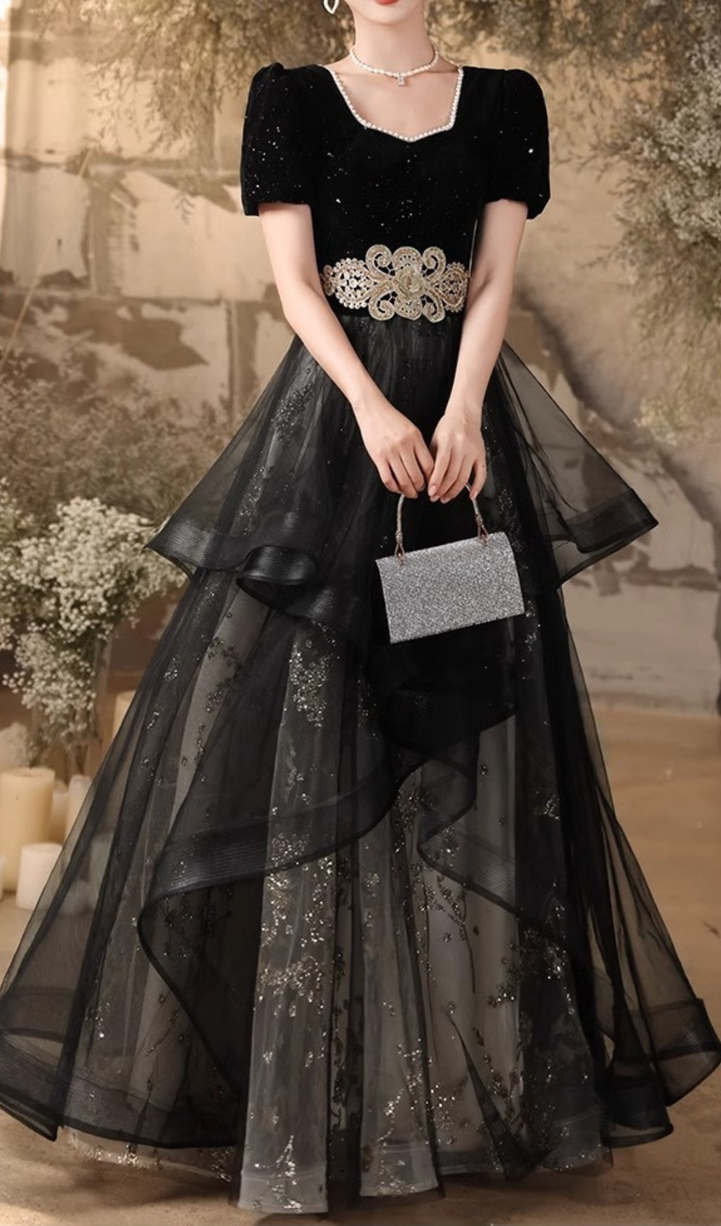 Chisuzu Black Sequin Mesh Maxi Gown