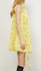 Danina Yellow 3D Floral Halter Mini Dress