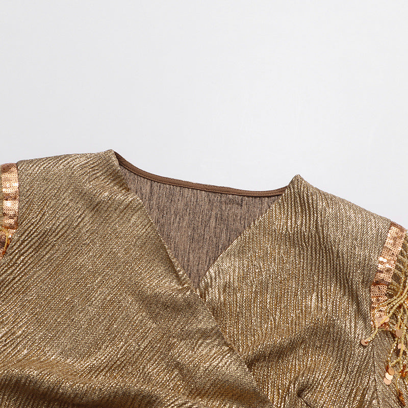 Iyeshia Liquid Gold Long Sleeve Maxi Dress with Metallic Fringe Shoulders & High Slit