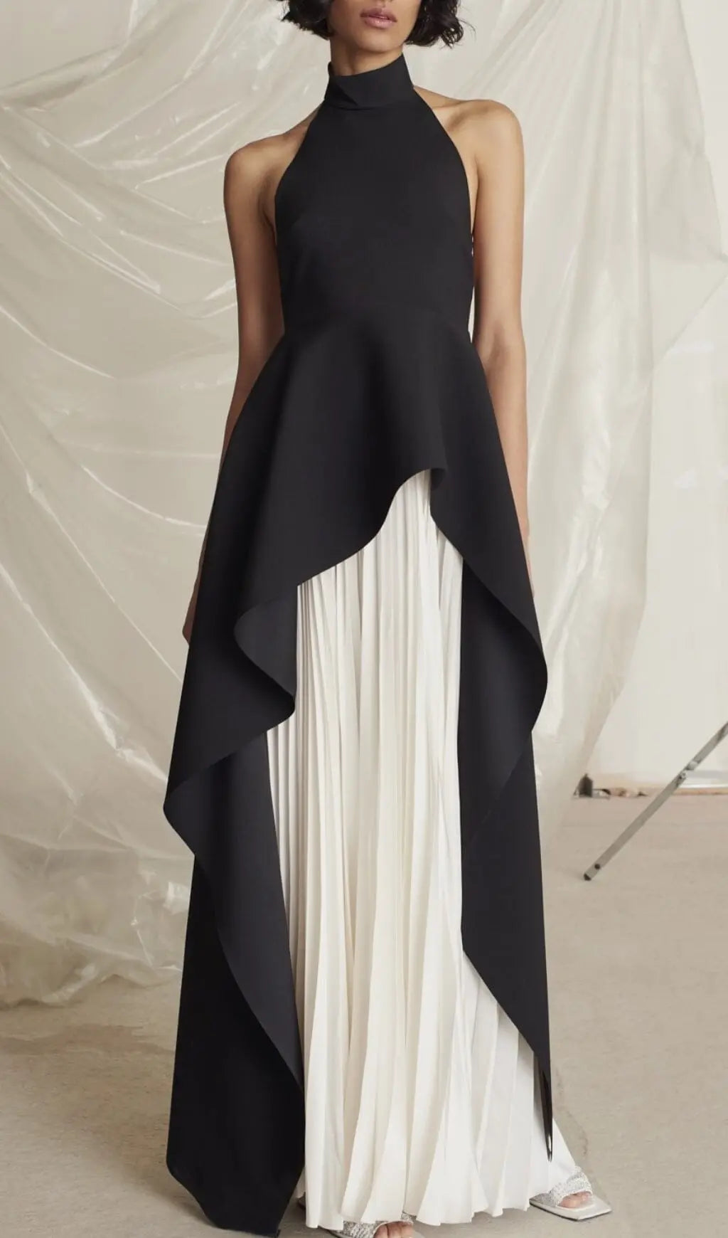 Chic Black & White Halter Maxi Dress