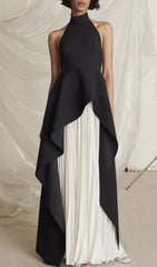 Chic Black & White Halter Maxi Dress