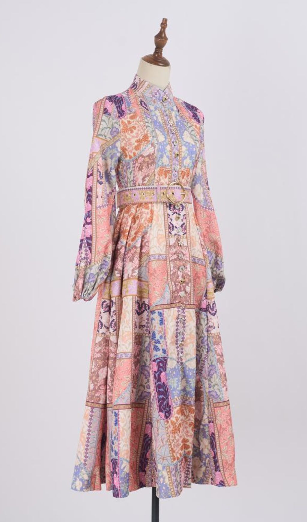 Glynnis Boho Patchwork Long Sleeve Midi Dress with Belt