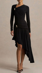 Nedelya Chic Black Asymmetrical Draped Midi Dress