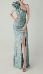 Ikia Emerald Sparkle One-Shoulder Sequin Maxi Dress with High Slit