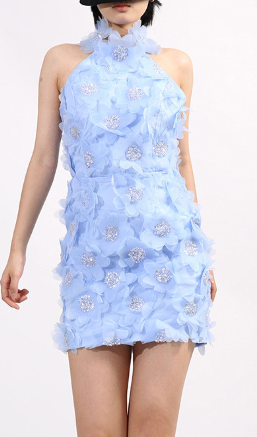 Georgiy Dazzling Blue Halter Floral Sequin Mini Dress