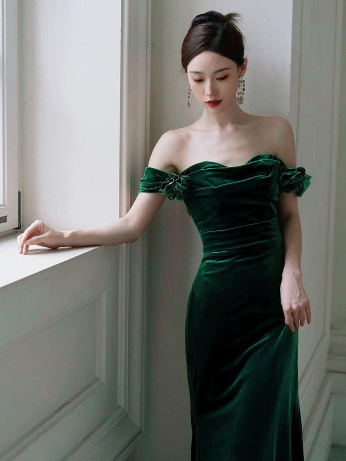 Green Mermaid Velvet Long Wedding Party Dress