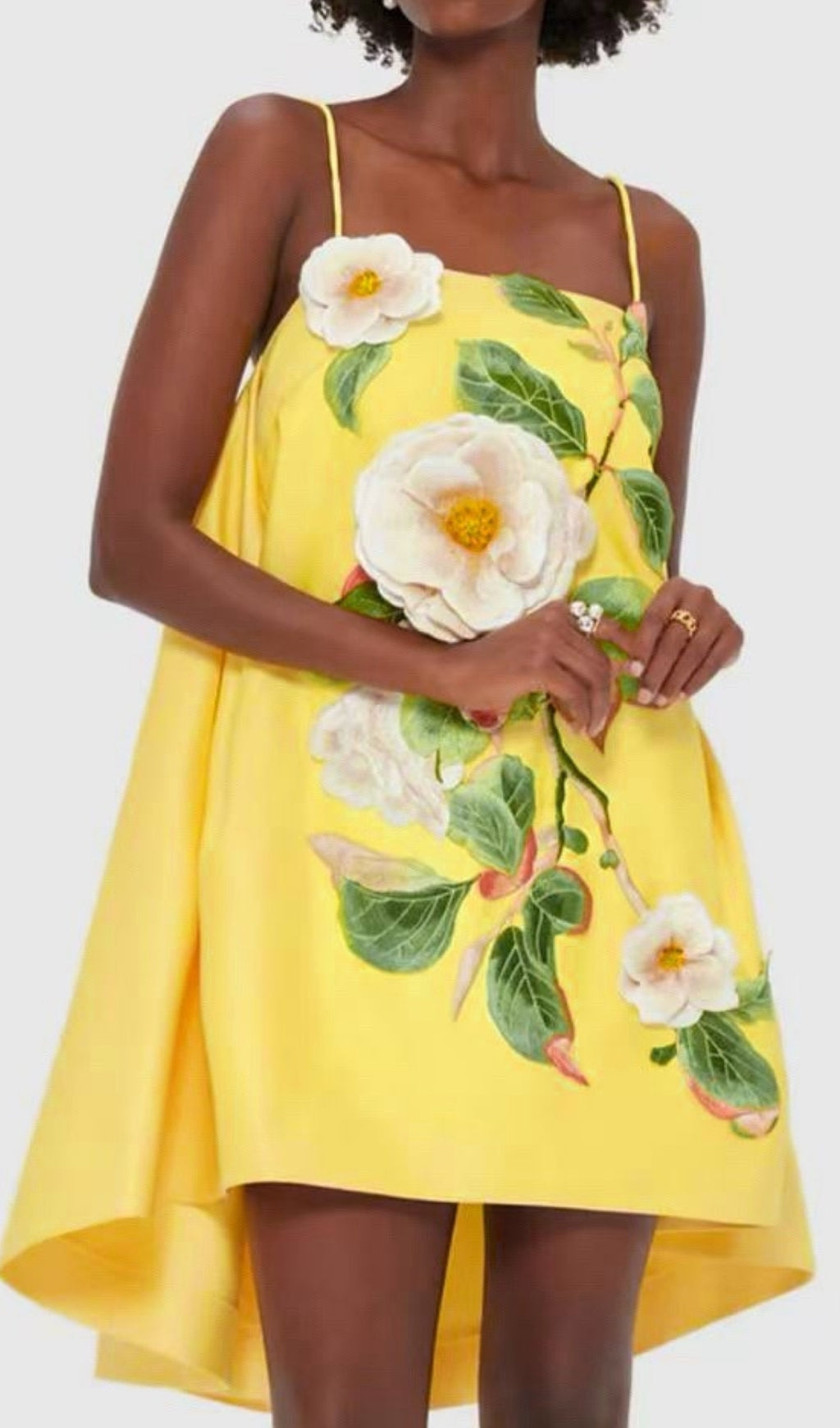 Fina Yellow Floral Embroidered High-Low Mini Dress