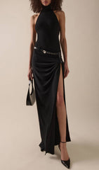 Fawn Black Halter Slit Maxi Dress