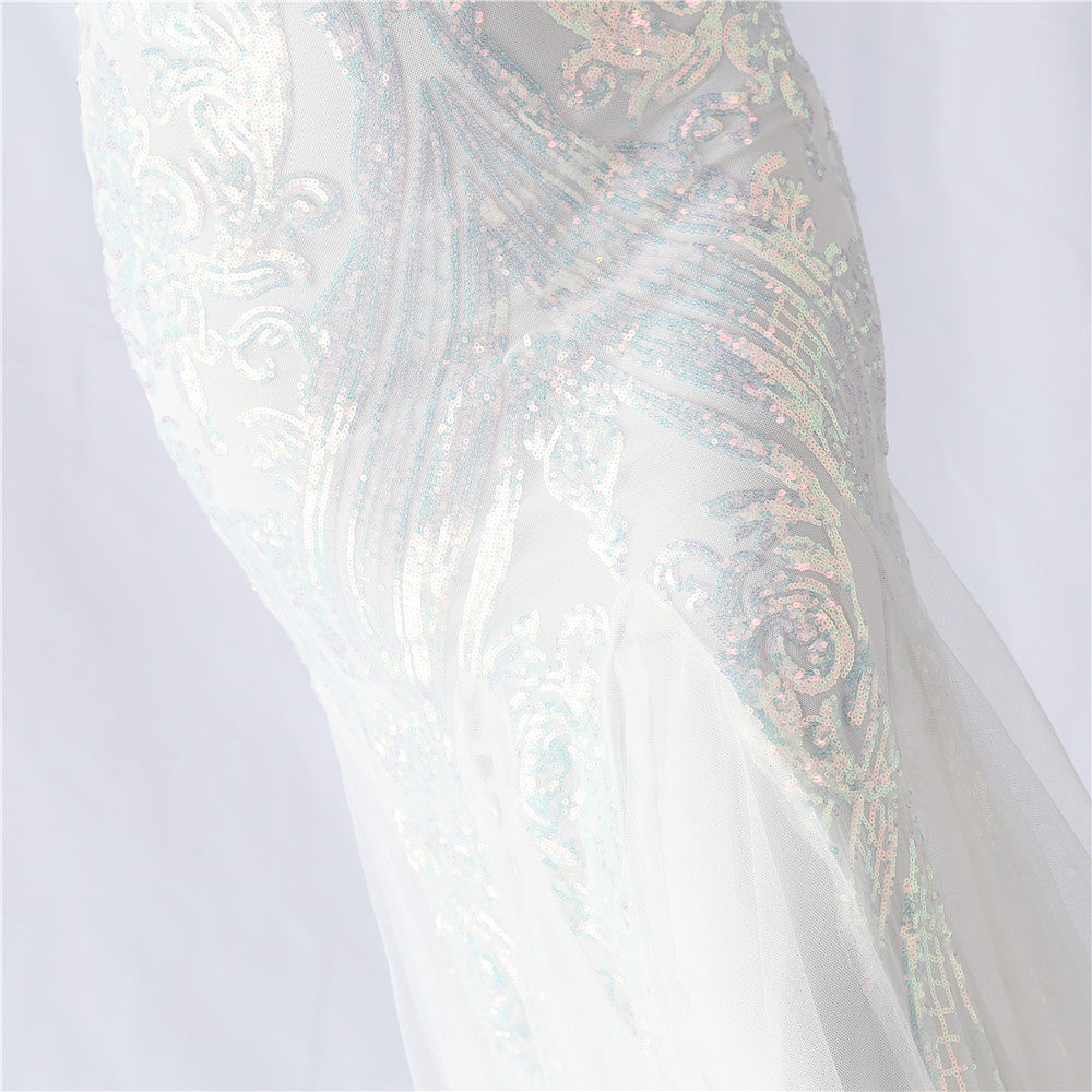 Choire White Sequin Feather Mermaid Maxi Gown