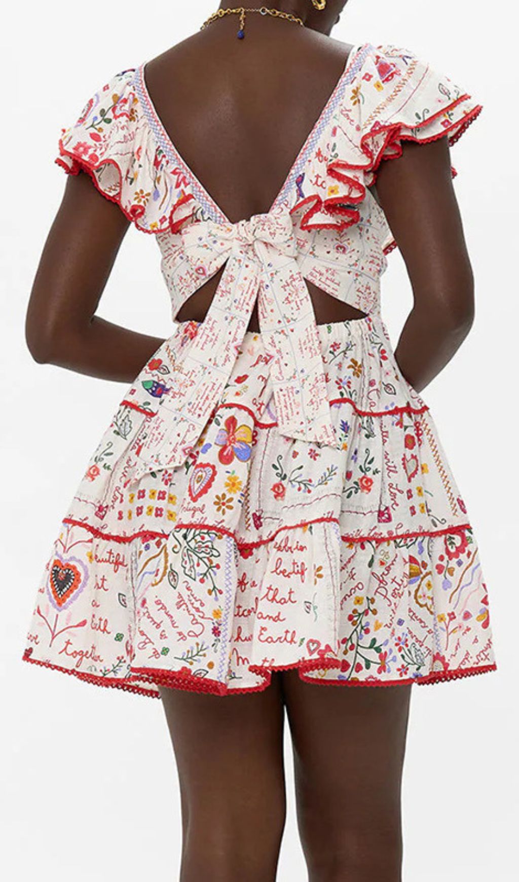 Gelsey Bohemian Script & Floral Print V-Neck Tiered Mini Dress