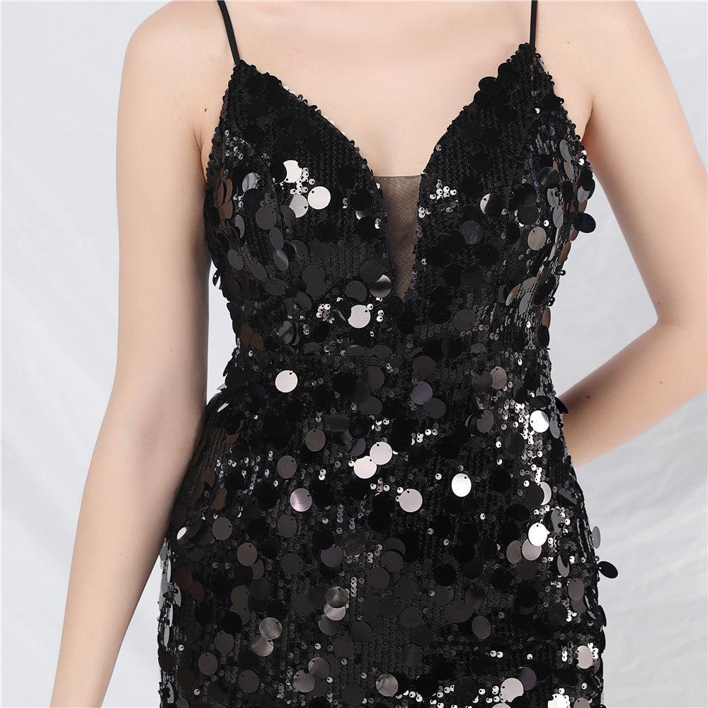 Chole Glamorous Black Sequin Strappy Maxi Gown