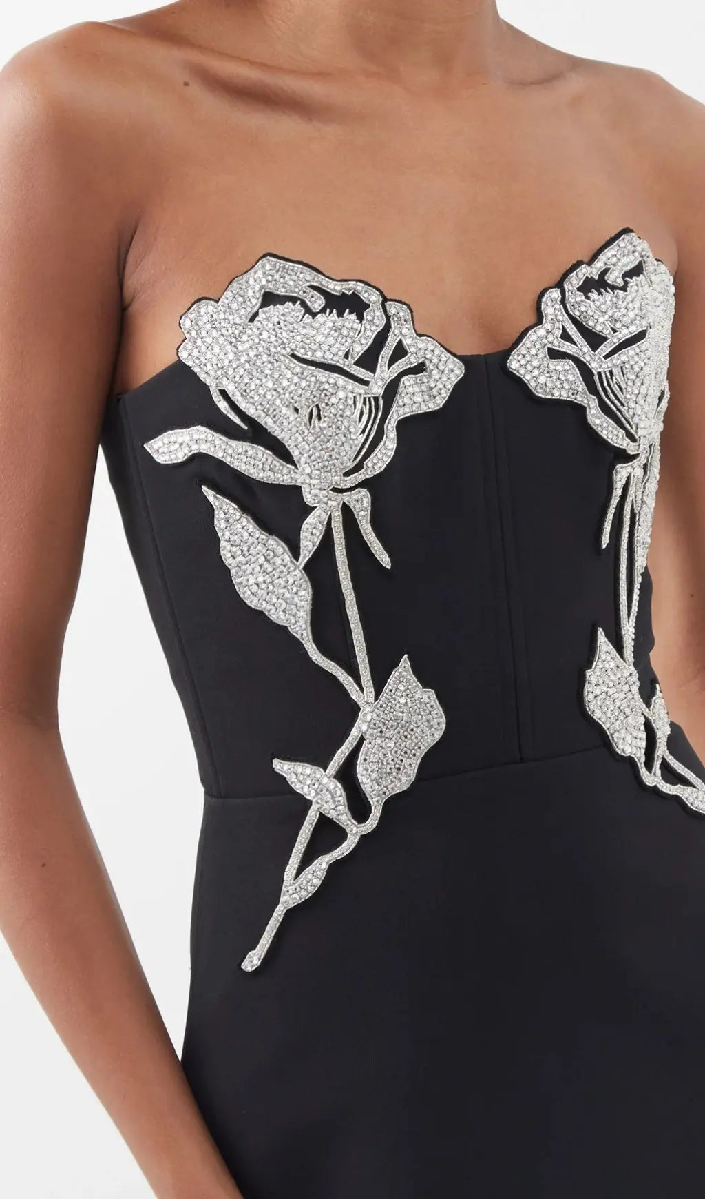 Glamorous Crystal Rose Embellished Black Strapless Maxi Gown
