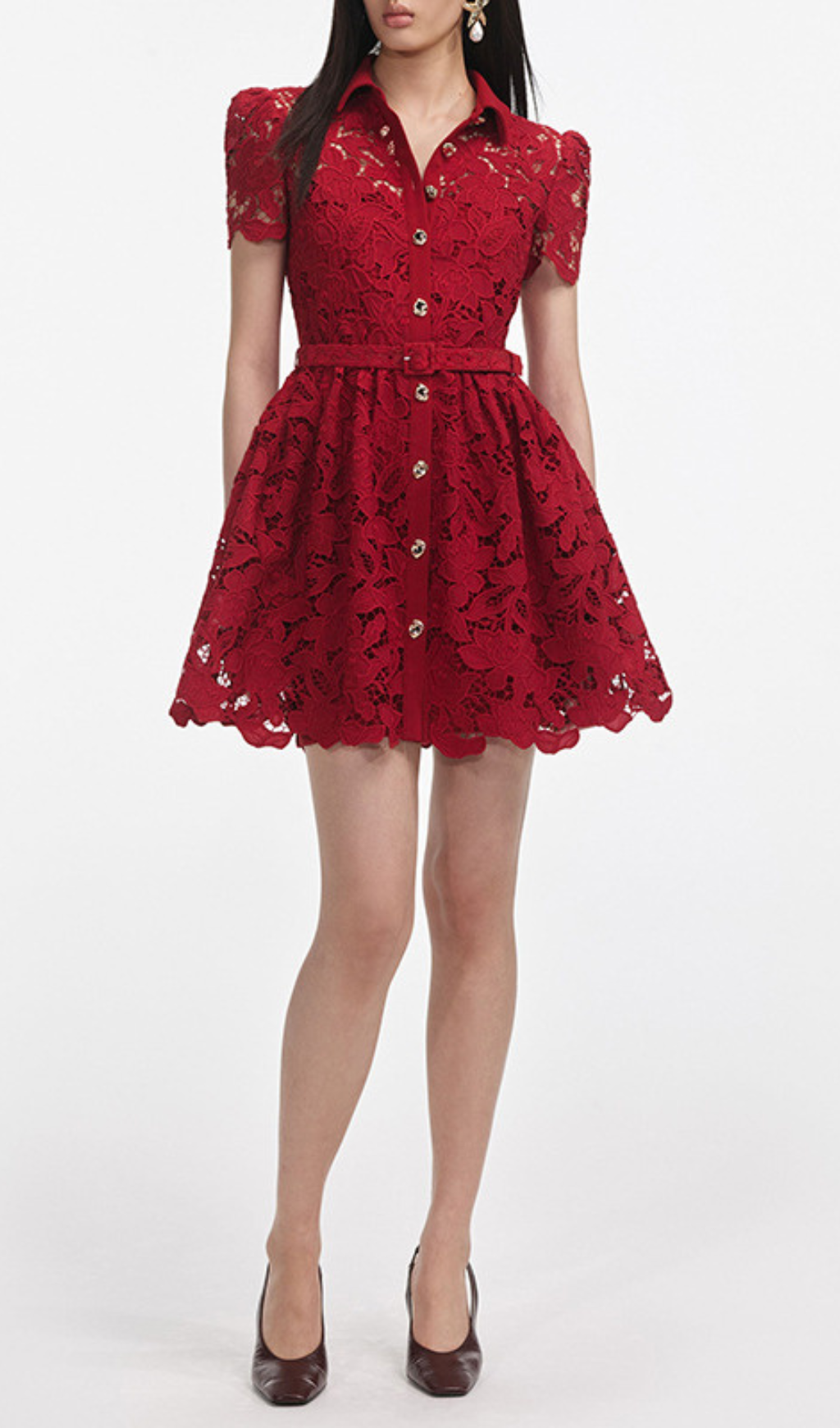 Gasha Vibrant Red Lace Belted Mini Dress