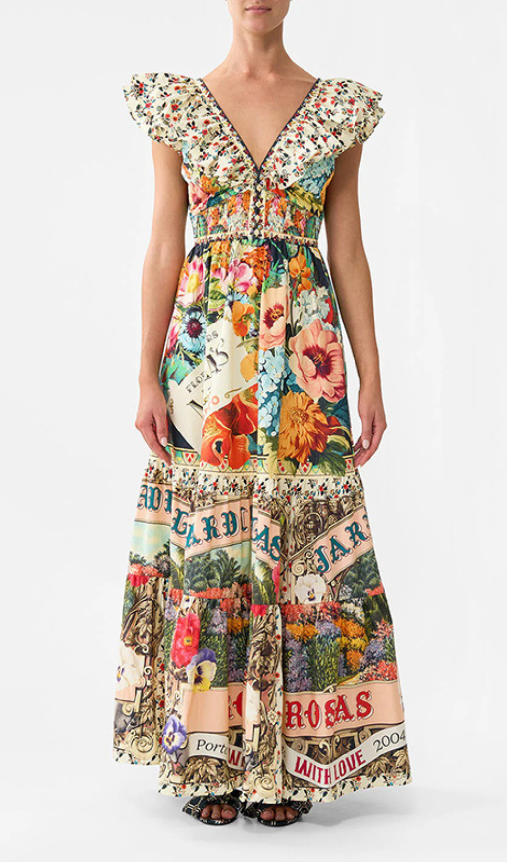 Gesine Vibrant Portuguese Garden Print V-Neck Maxi Dress