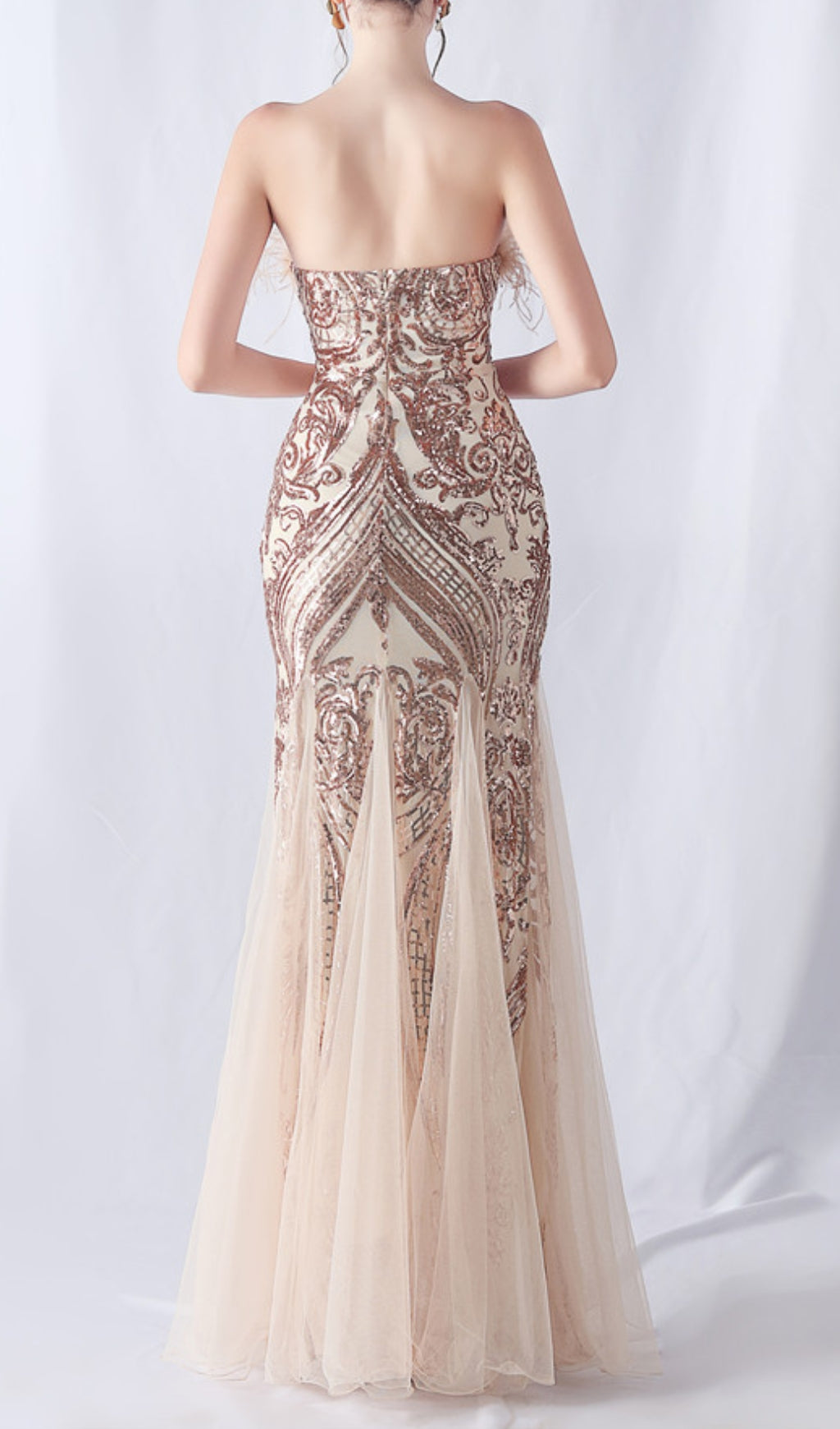 Glamorous Champagne Sequin & Feather Strapless Mermaid Gown