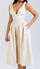 Dilanne Elegant Ivory V-Neck Midi Dress
