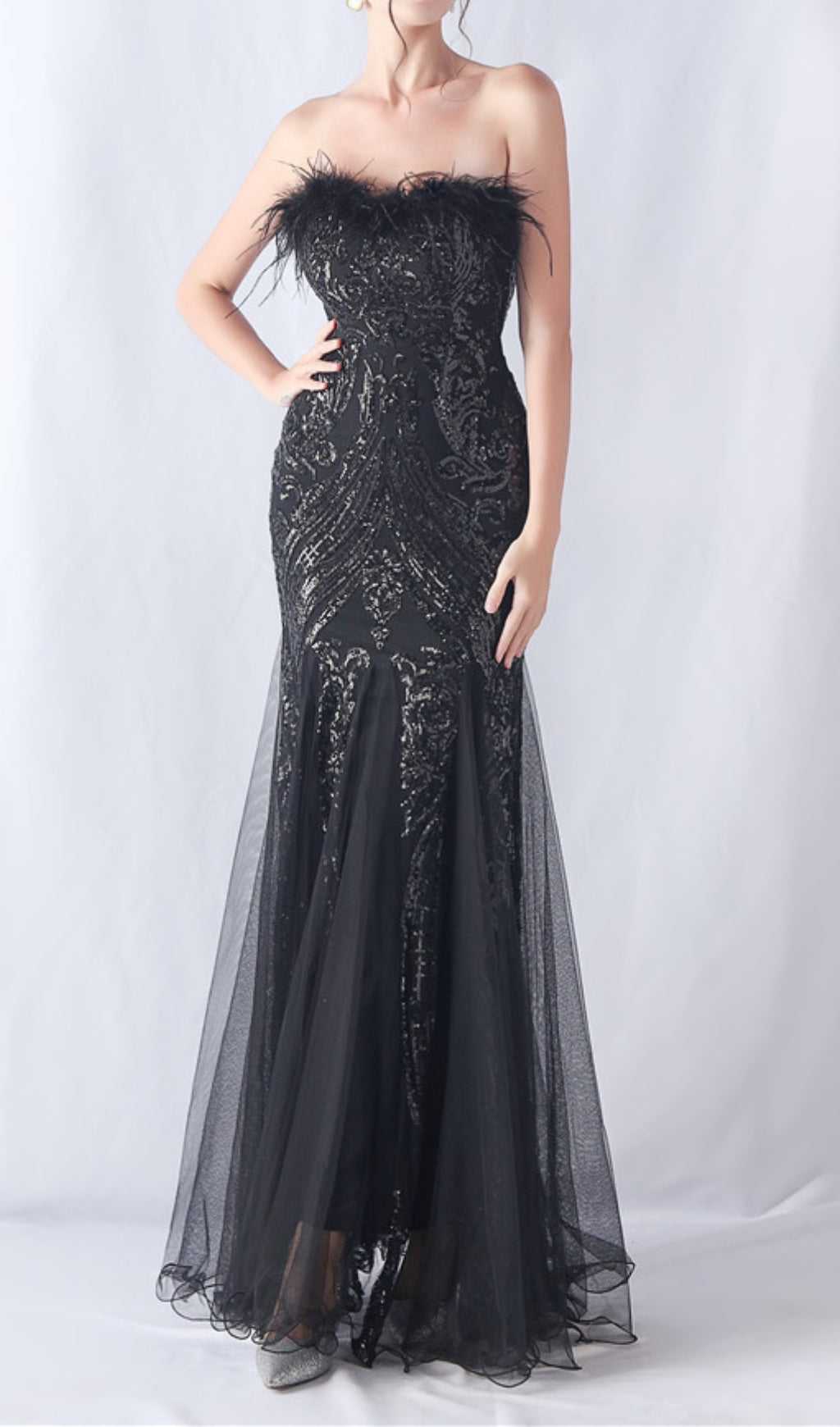 Choire Black Sequin Feather Mermaid Maxi Dress