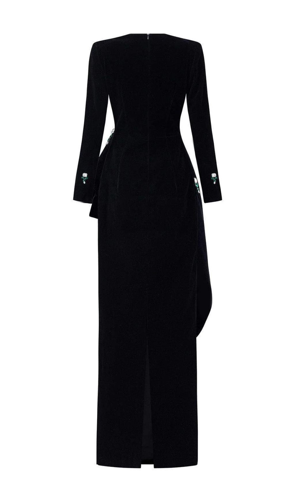 Hedya Black Velvet & Emerald Crystal Statement Maxi Gown