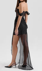 Esaú Black Corset Lace Off-Shoulder Maxi Dress