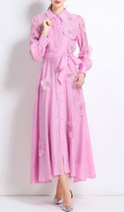 Holly Blossom Pink 3D Floral Midi Shirt Dress