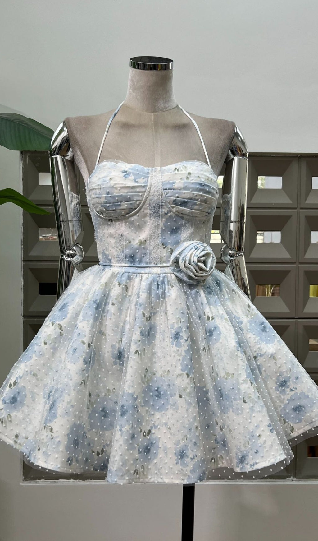Ewelina Shimmering Floral Halter Mini Dress