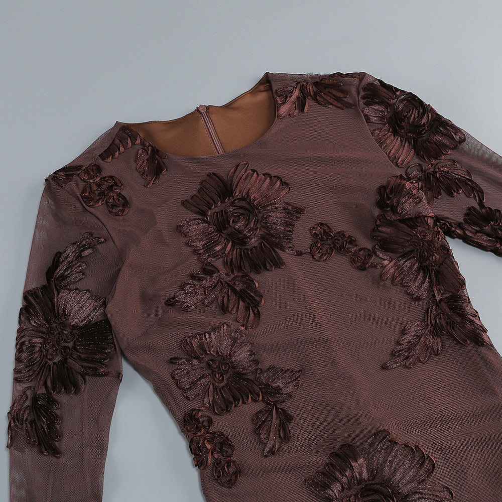Jovan Coffee Flower Long Sleeve Mini Dress