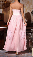 Florinda Pink Strapless Pleated Maxi Dress with 3D Chiffon Floral Appliqus