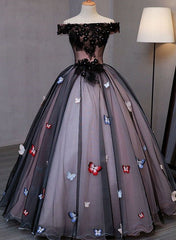 Vestido de noche largo princesa de tul negro con hombros descubiertos y apliques 