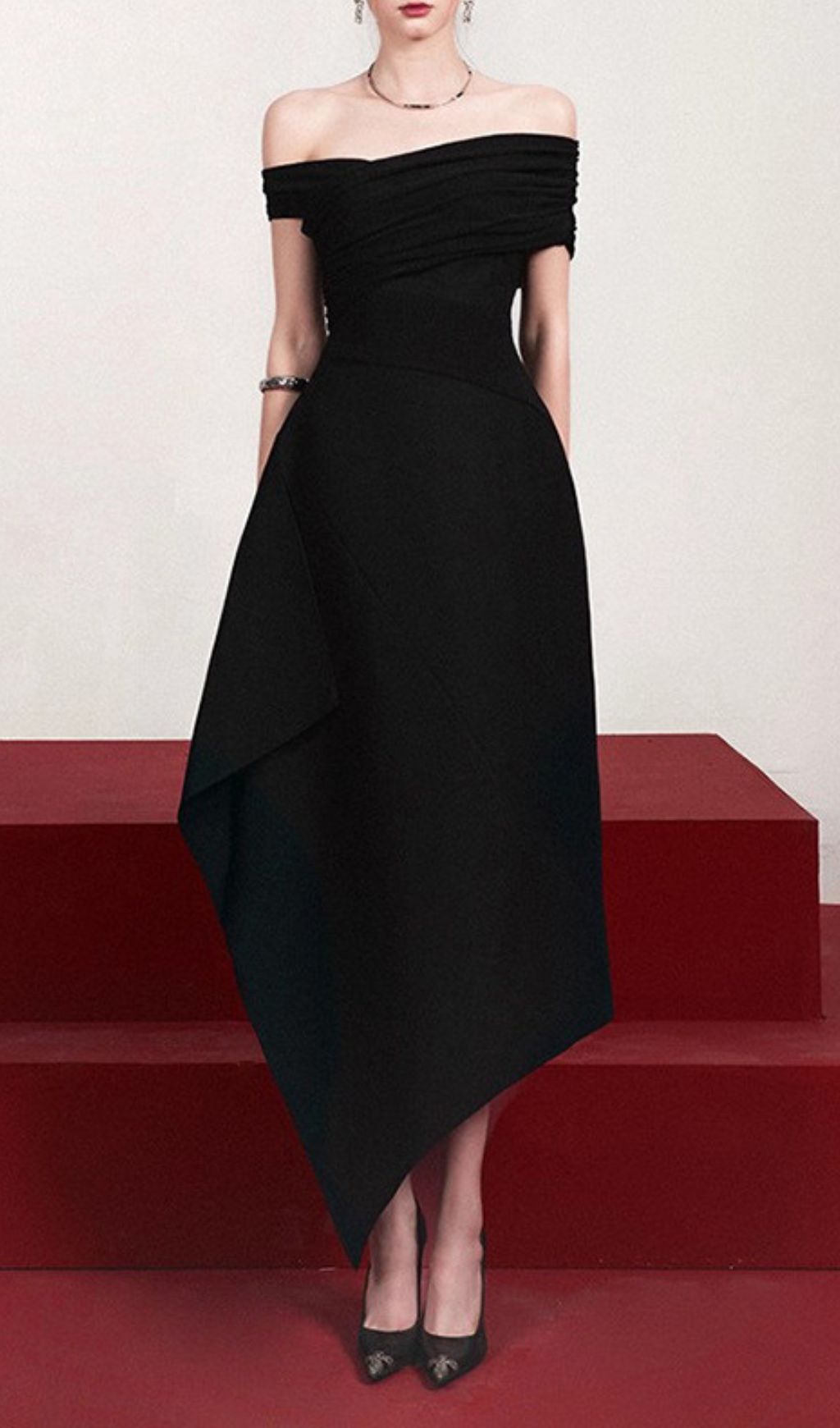 Iris Black Off-Shoulder Asymmetrical Maxi Dress