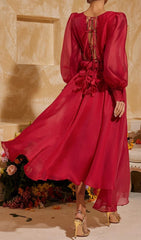 Tristen Elegant Red 3D Floral V-Neck Midi Dress with Sheer Sleeves