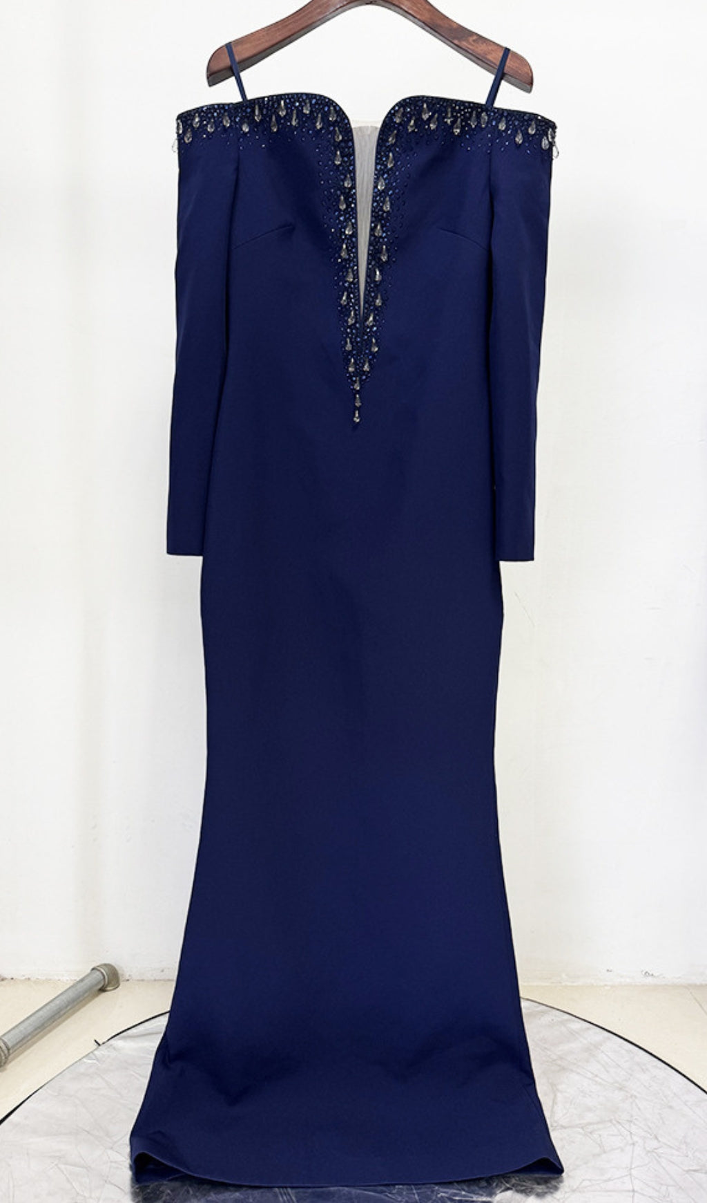 Stunning Eurybia Navy Off-Shoulder Crystal Embellished Maxi Gown