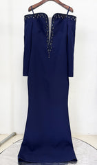 Stunning Eurybia Navy Off-Shoulder Crystal Embellished Maxi Gown