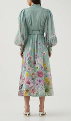Elsie Radiant Bloom Lantern Sleeve Floral Midi Dress